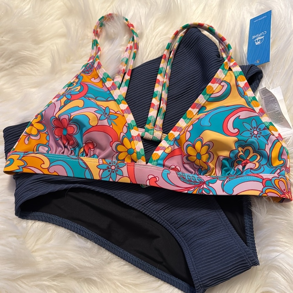 Cupshe NWT L Colorful Floral Bikini Top & M ribbed tummy contour Bottoms